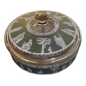 Vintage Jeanette Glass Hellenic Sage Green Greco-Roman Glass Lidded Dish 7" 60's